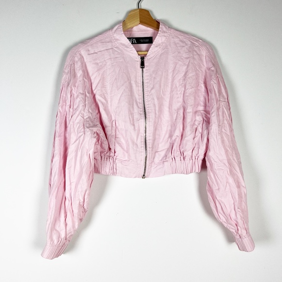 Zara Linen Stretch Blend Full Zip Collarless Cropped Lightweight Jacket Pink S - Picture 1 of 4